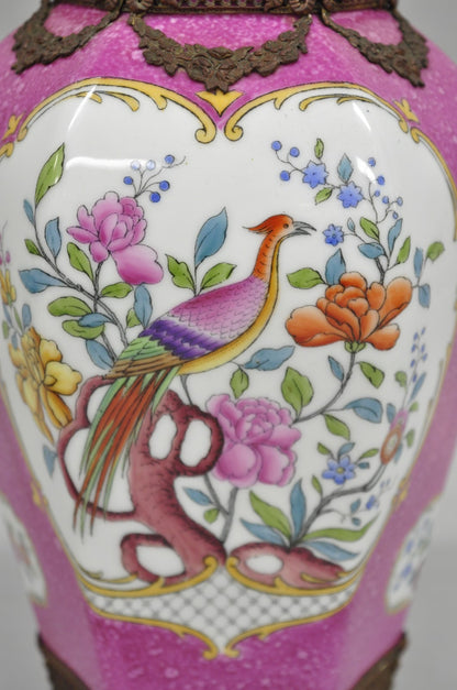 Antique Chinoiserie Pink French Porcelain German Ormulu Bird Painted Vase