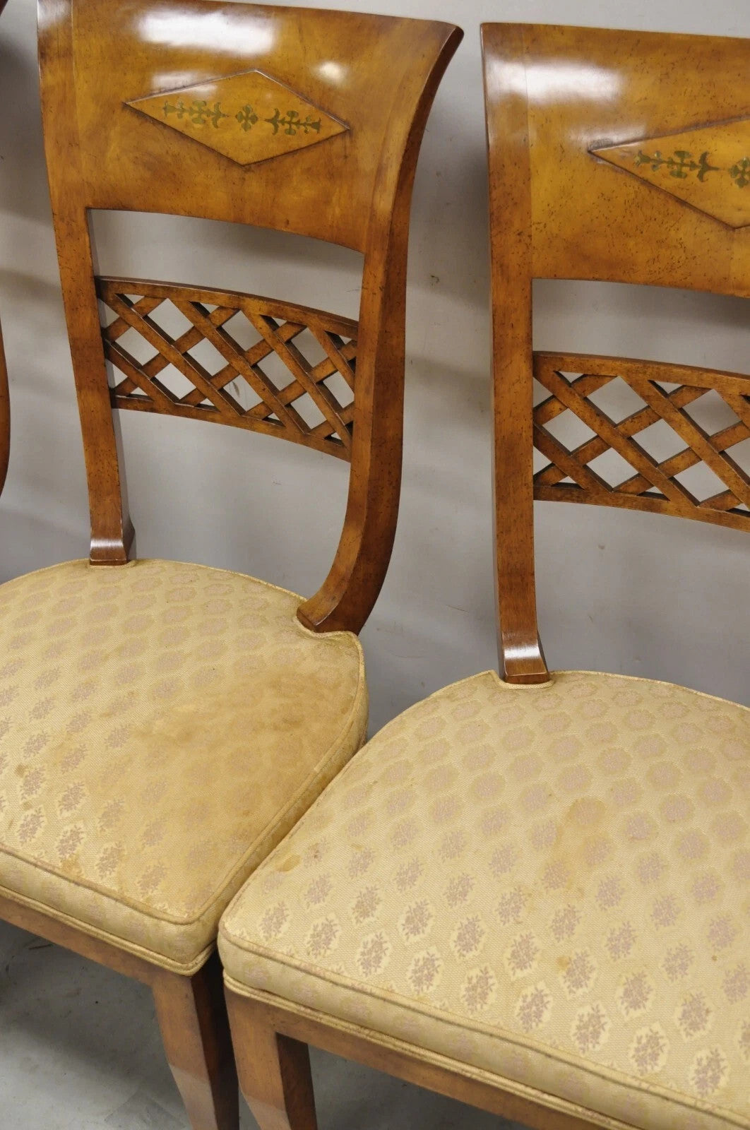 Vintage Italian Regency Burl Wood Brass Inlay Tall Back Dining Chairs - Set of 4