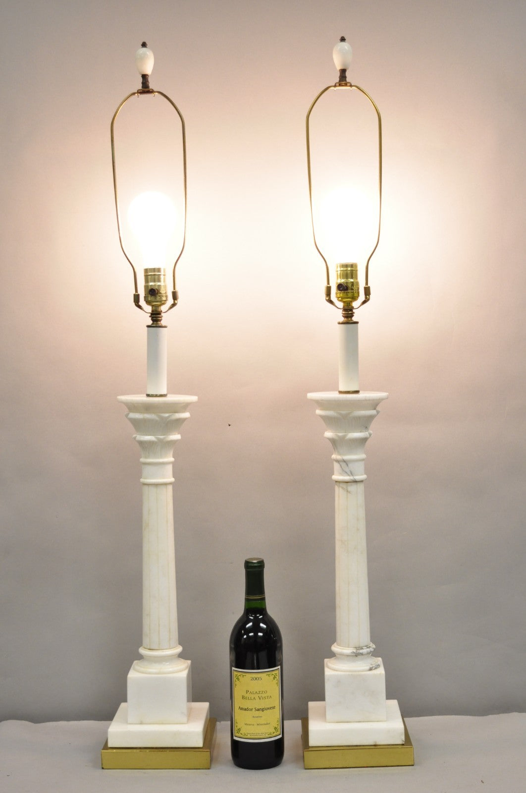 Vintage Italian Neoclassical White Carved Marble Empire Column Table Lamp Pair