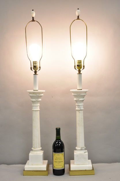 Vintage Italian Neoclassical White Carved Marble Empire Column Table Lamp Pair
