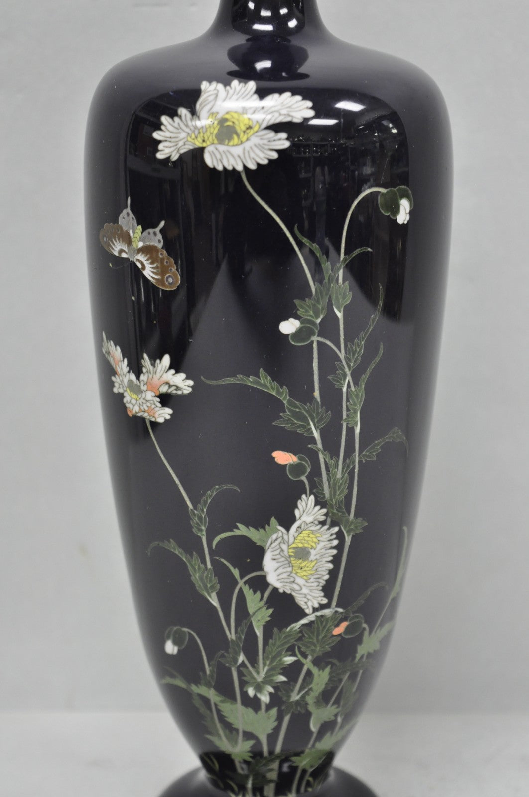 Meiji Period Japanese Cloisonne Enamel Dark Blue Daisy & Butterfly Tall Urn Vase