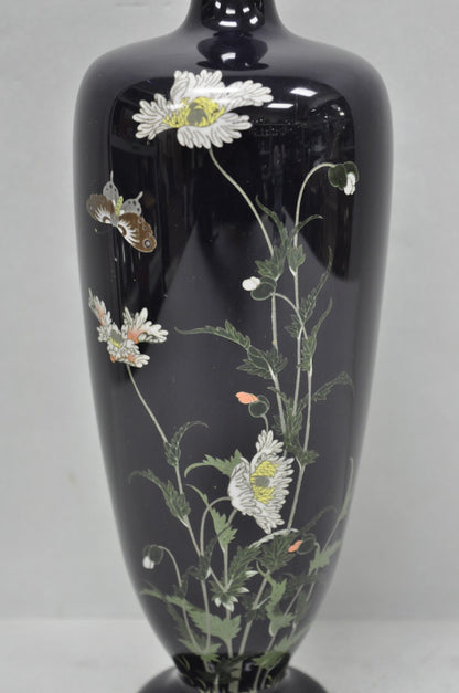 Meiji Period Japanese Cloisonne Enamel Dark Blue Daisy & Butterfly Tall Urn Vase
