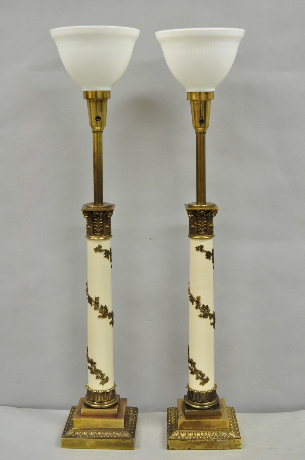 Vintage Stiffel Neoclassical Tall White Enamel Column Brass Table Lamps - a Pair