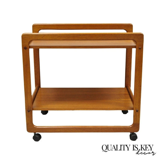 Vintage Mid Century Danish Modern Teak Wood 2 Tier Rolling Bar Cart Side Table