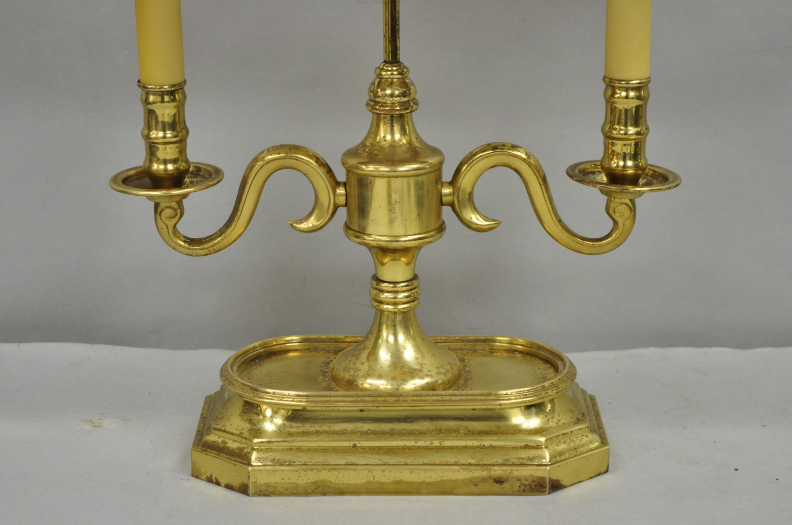 Vintage French Empire Style Brass Candlestick Bouillotte Desk Lamp w/ Tole Shade