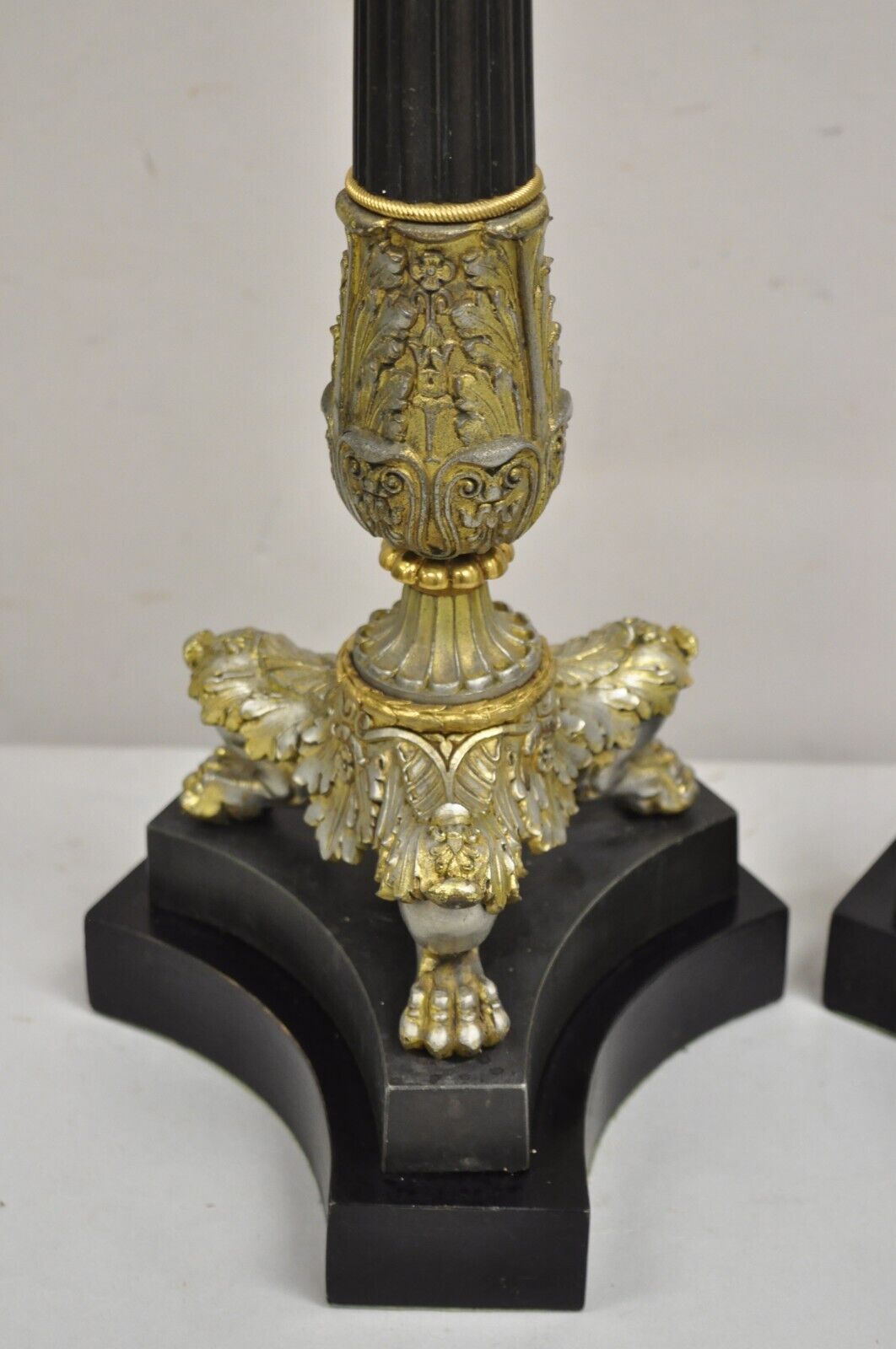 Vintage French Empire Silver & Gold Gilt Column Table Lamps w/ Paw Feet - a Pair