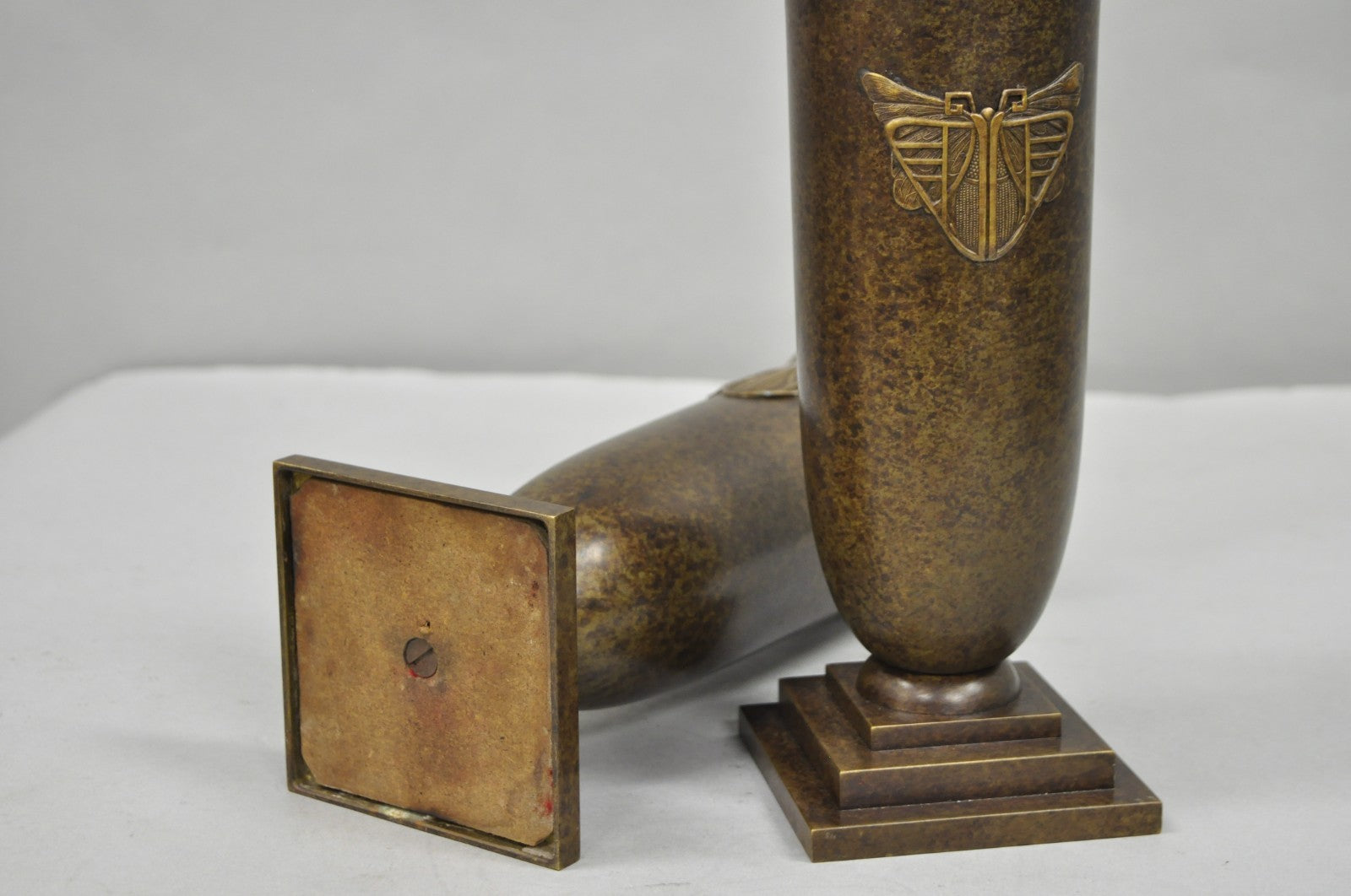 Antique French Art Deco Bronze Fluted Altar Vase w/ Butterfly Moth - a Pair