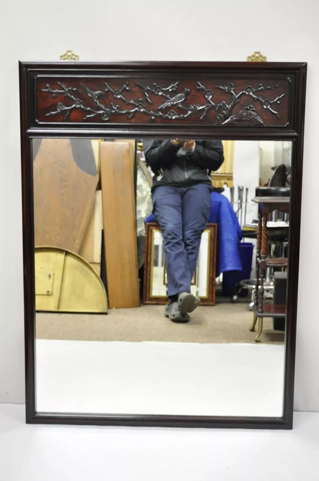 Vintage Chinese Bird Carved Hardwood Mahogany Rectangular Oriental Wall Mirror