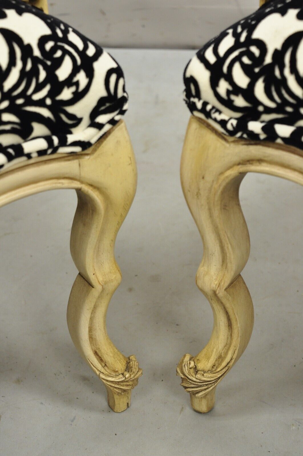 Hollywood Regency Carved Wood Low Cream Painted Damask Boudoir Chairs - a Pair