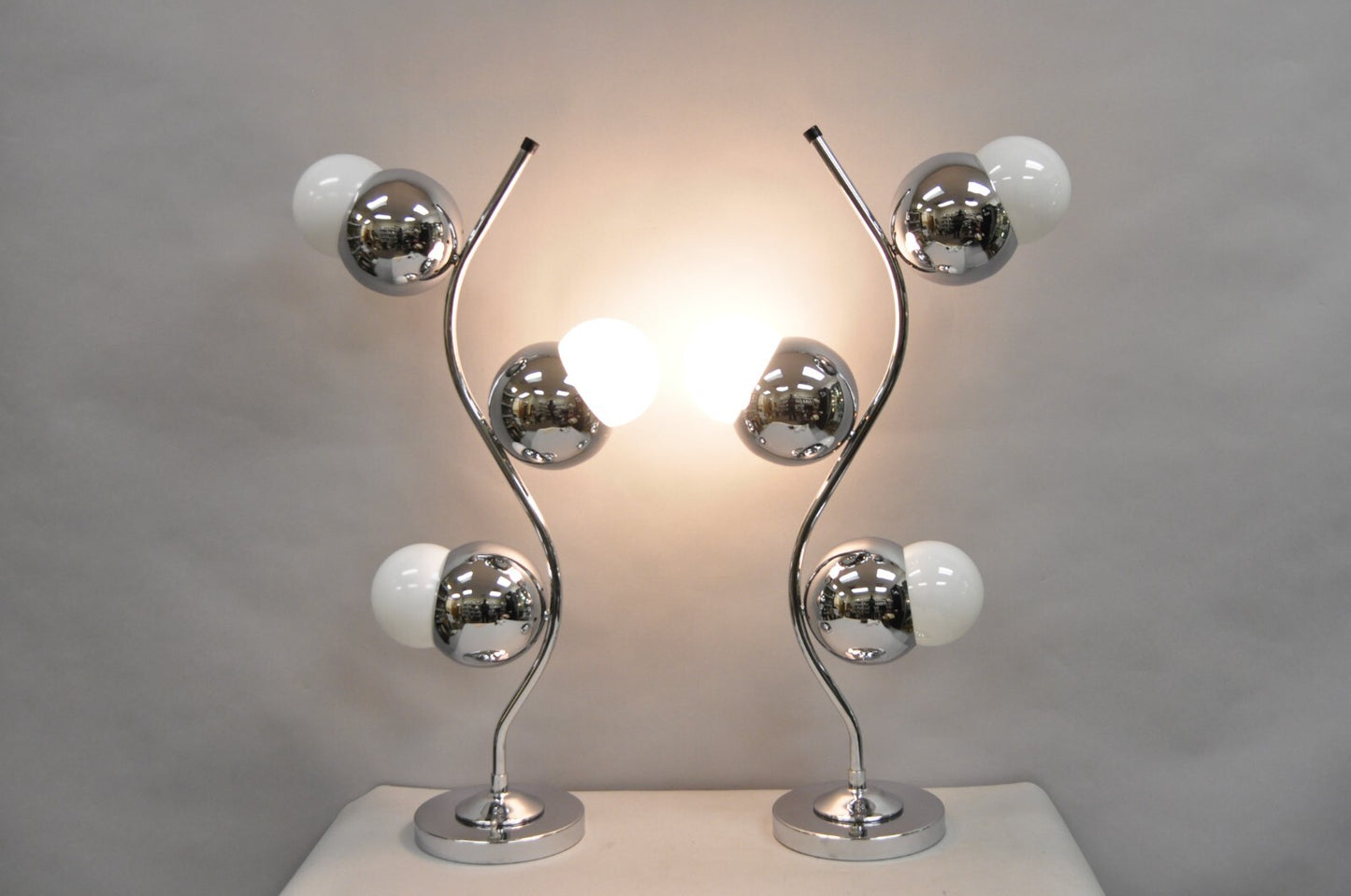 Vintage Mid Century Modern Sculptural Chrome Orb 3 Light Table Lamp -  a Pair