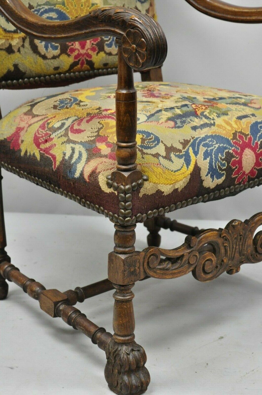 19th C. French Renaissance Needlepoint Upholstery Carved Walnut Throne Arm Chair