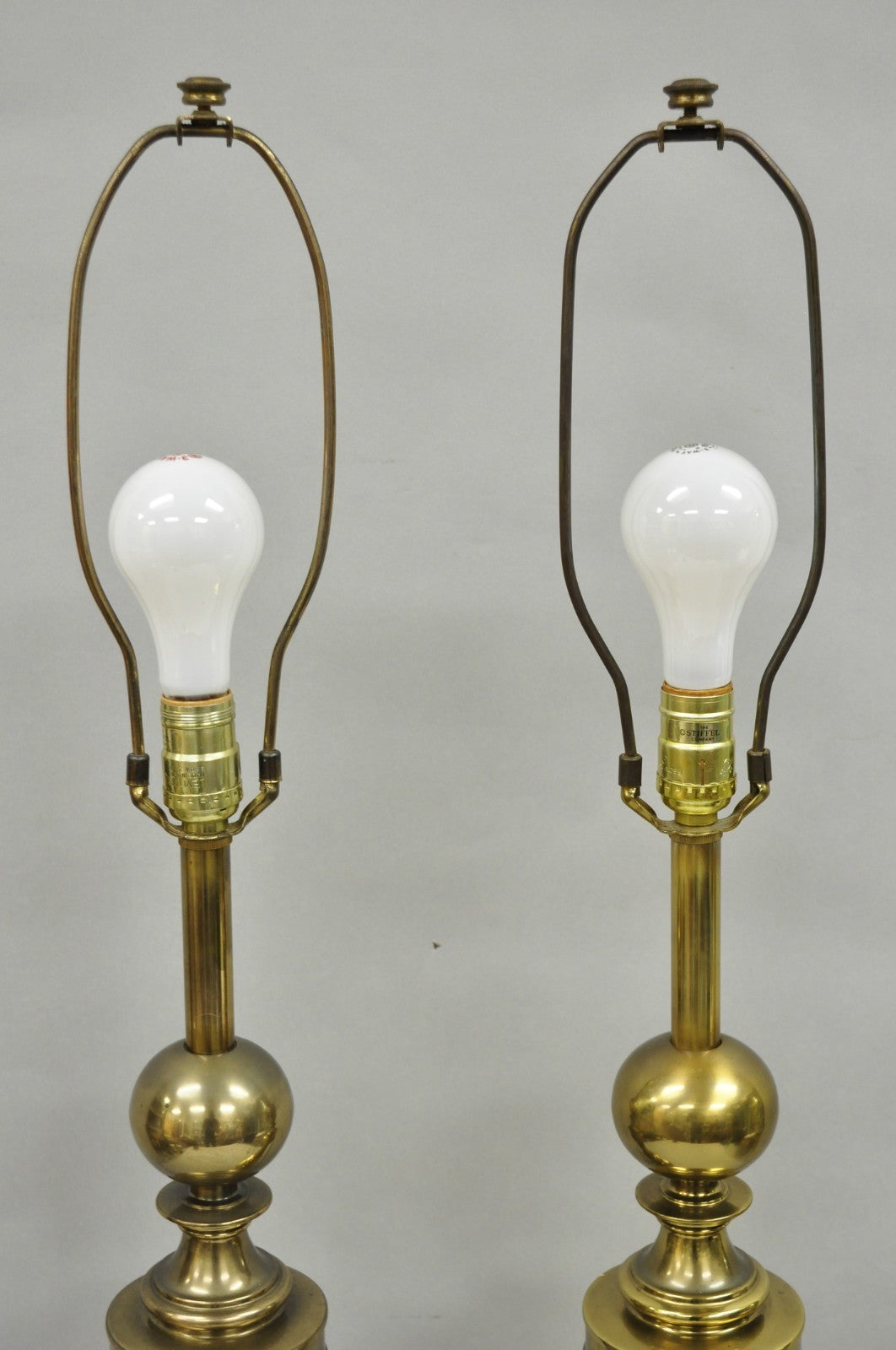 Vintage Stiffel Neoclassical Brass Cannonball Column Table Lamps - a Pair