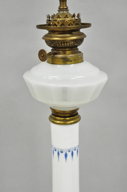 Vintage Italian Neoclassical White Milk Glass Column Blue Greek Key Table Lamp