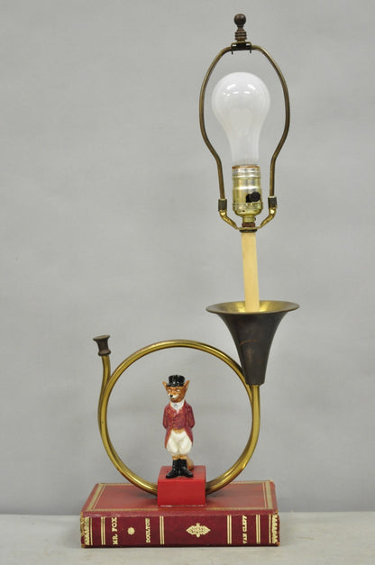 Vintage Equestrian Porcelain Snooty Mr Fox Brass Trumpet on Red Book Table Lamp