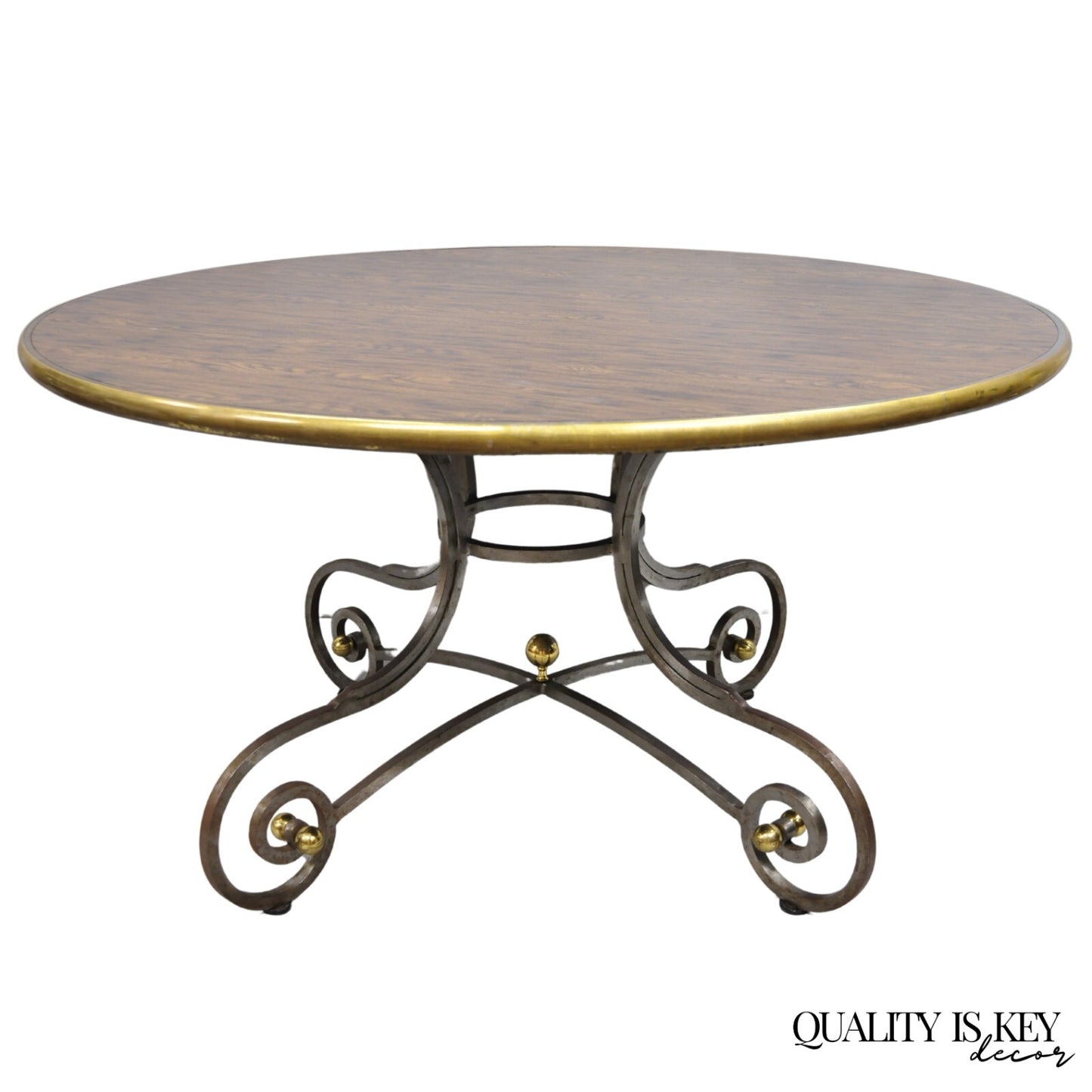 Vintage French Pastry Scrolling Steel and Bronze Neoclassical Round Dining Table