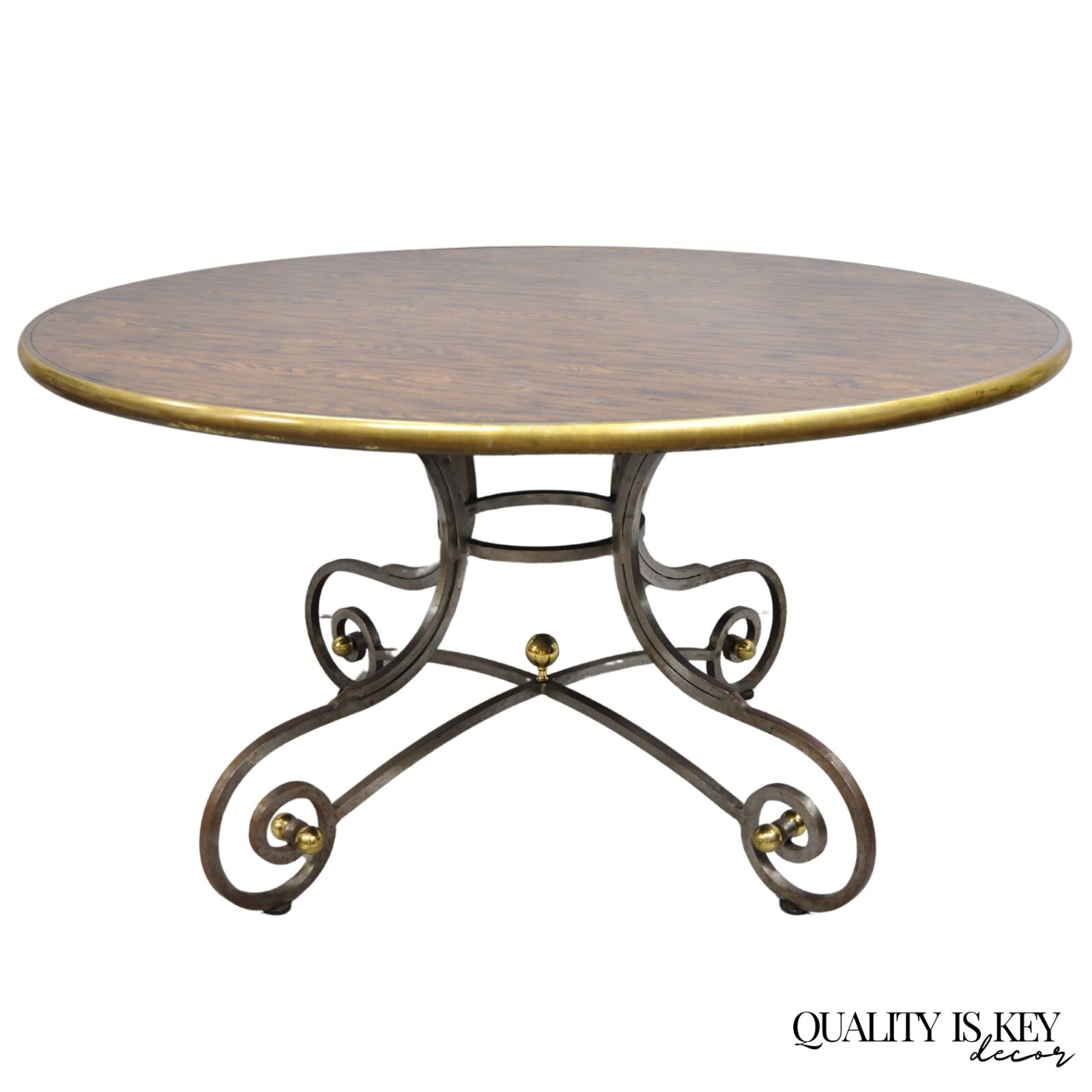 Vintage French Pastry Scrolling Steel and Bronze Neoclassical Round Dining Table