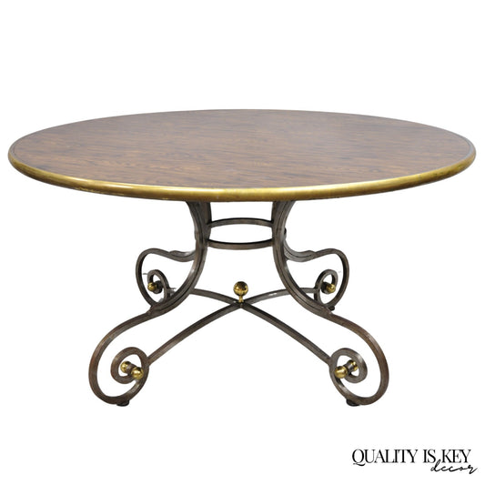 Vintage French Pastry Scrolling Steel and Bronze Neoclassical Round Dining Table
