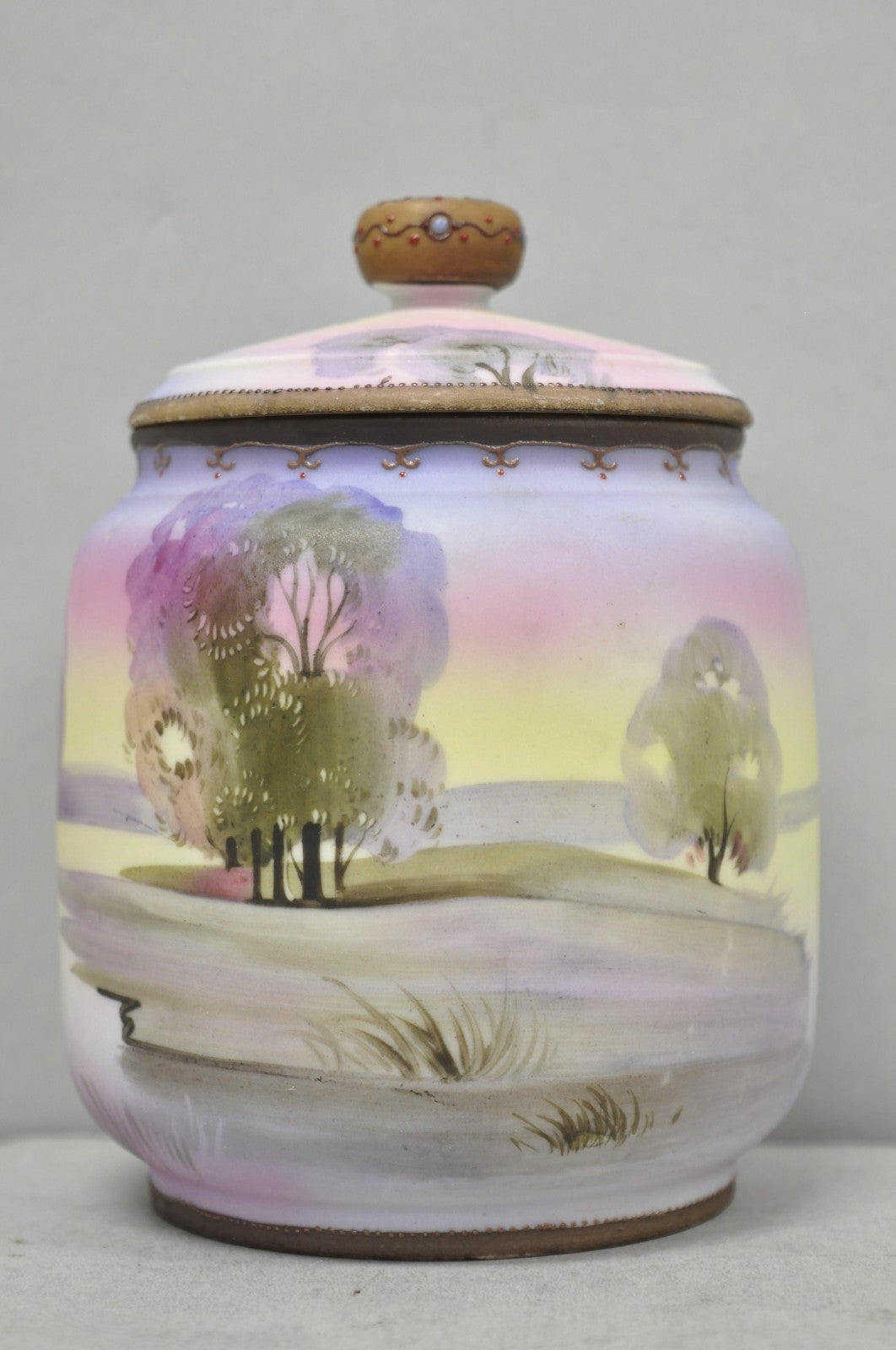 Antique Nippon Hand Painted Porcelain Countryside Lake Scene Covered Biscuit Jar