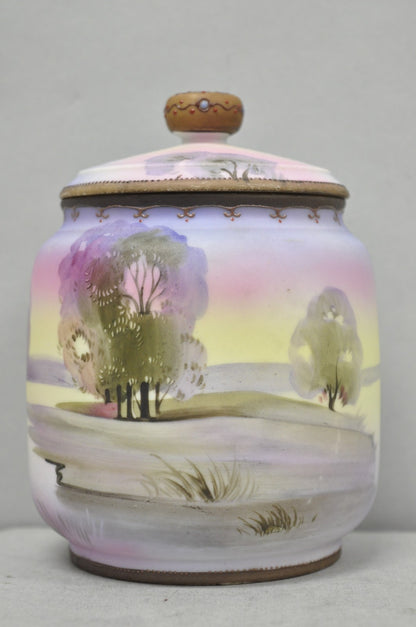 Antique Nippon Hand Painted Porcelain Countryside Lake Scene Covered Biscuit Jar