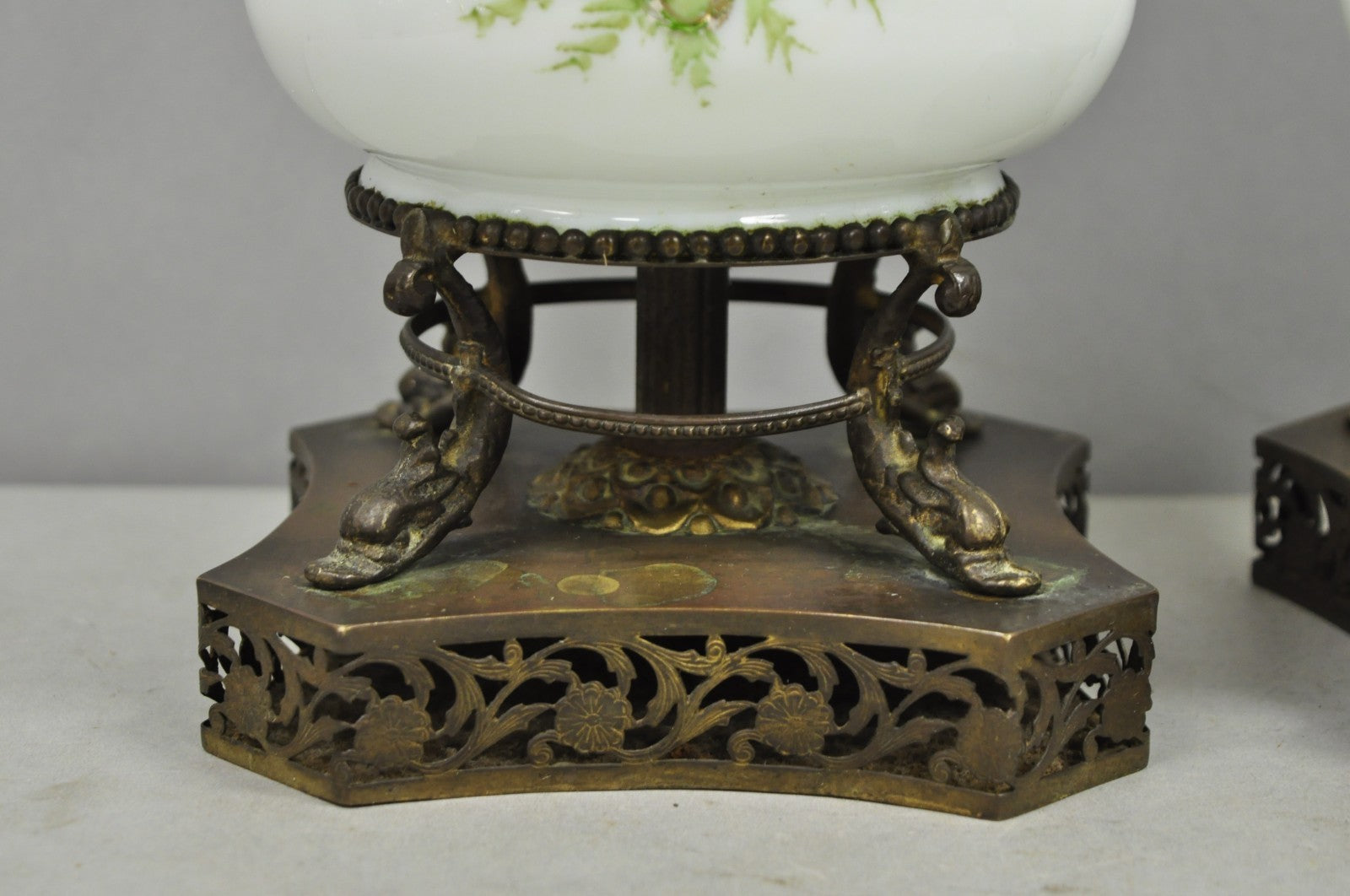 Antique Victorian French Hand Painted Angel and Child Glass Table Lamps - a Pair