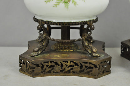 Antique Victorian French Hand Painted Angel and Child Glass Table Lamps - a Pair