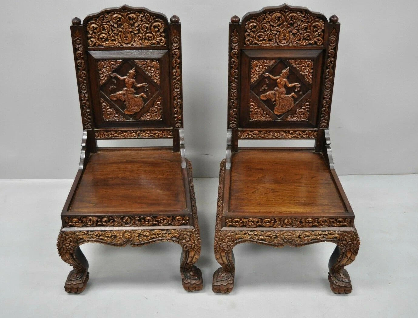 Vintage Chinoiserie Thai Oriental Carved Teak Wood Dining Side Chairs - a Pair