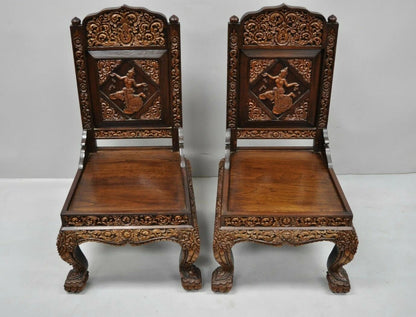Vintage Chinoiserie Thai Oriental Carved Teak Wood Dining Side Chairs - a Pair