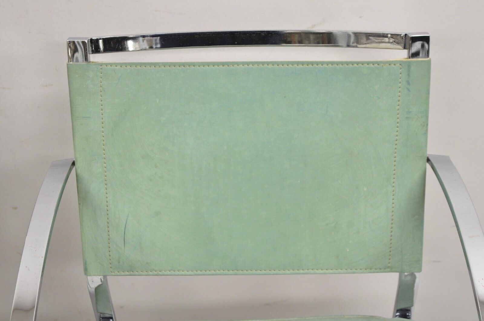 Italian Modern Naos Italy Teal Blue Leather Chrome "Corset" Arm Chairs - a Pair