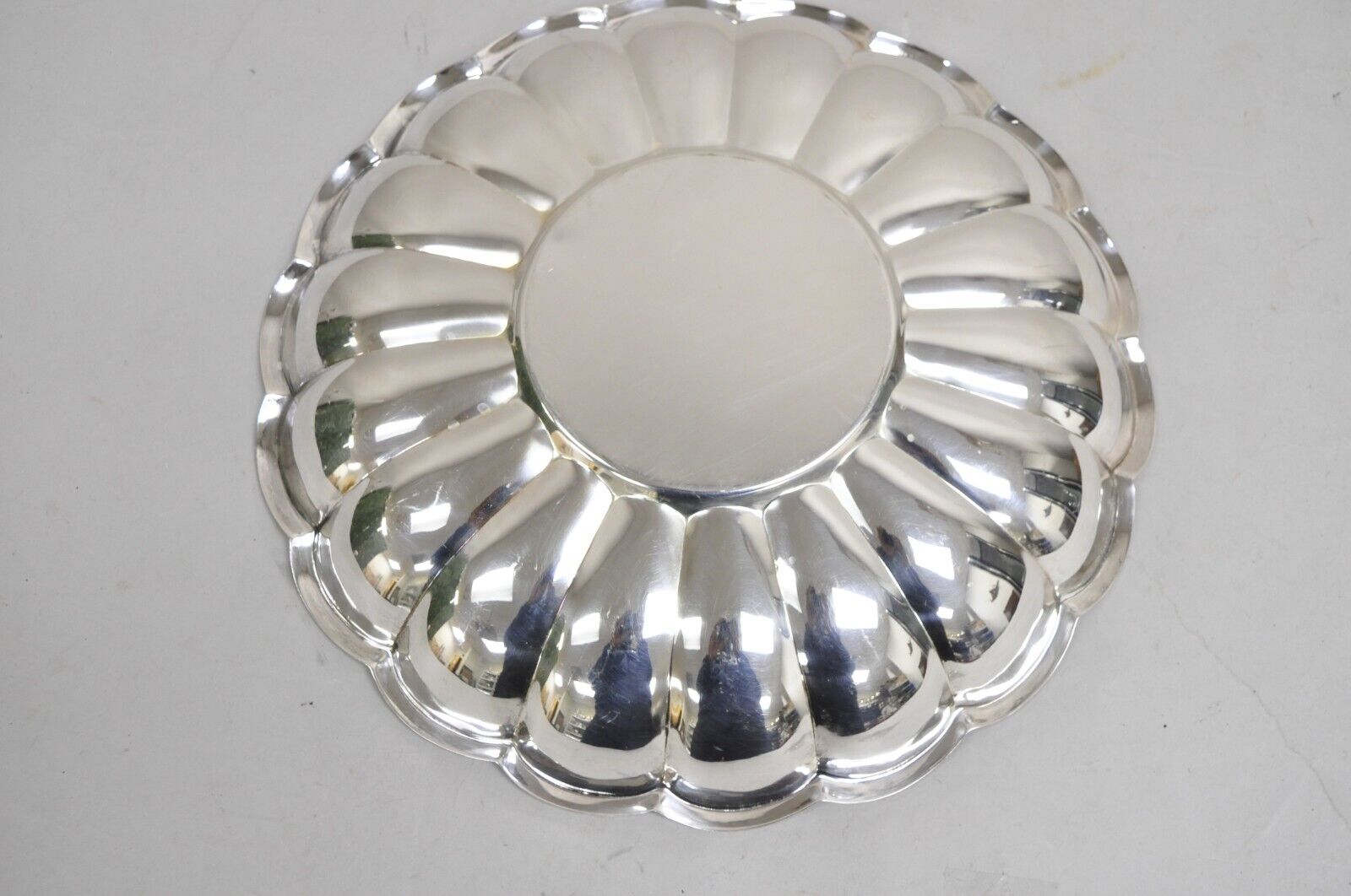 Vintage Modernist 13" Round Silver Plated Scalloped Edge Centerpiece Fruit Bowl