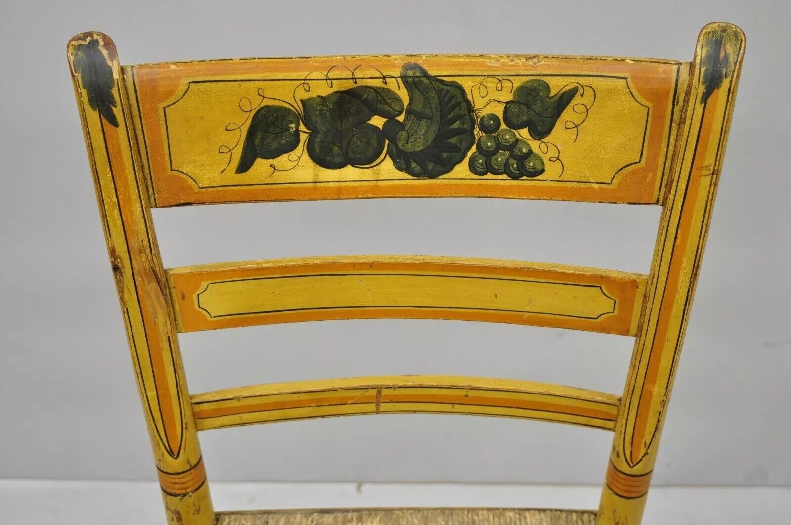 Antique Hitchcock Style Slat Back Rush Seat Yellow Paint Stencil Side Chair (B)