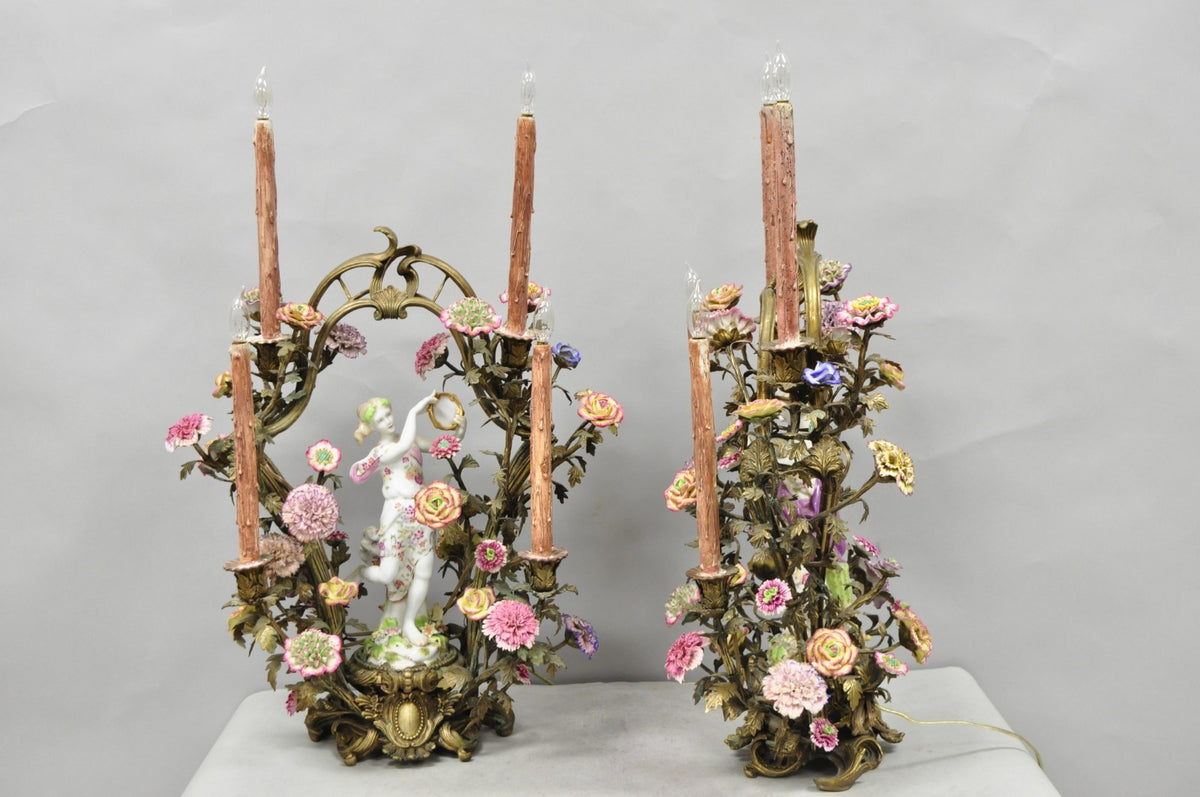 French Louis XV Repro Bronze & Porcelain Candelabra Lamps by United Wilson, Pair