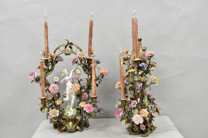 French Louis XV Repro Bronze & Porcelain Candelabra Lamps by United Wilson, Pair