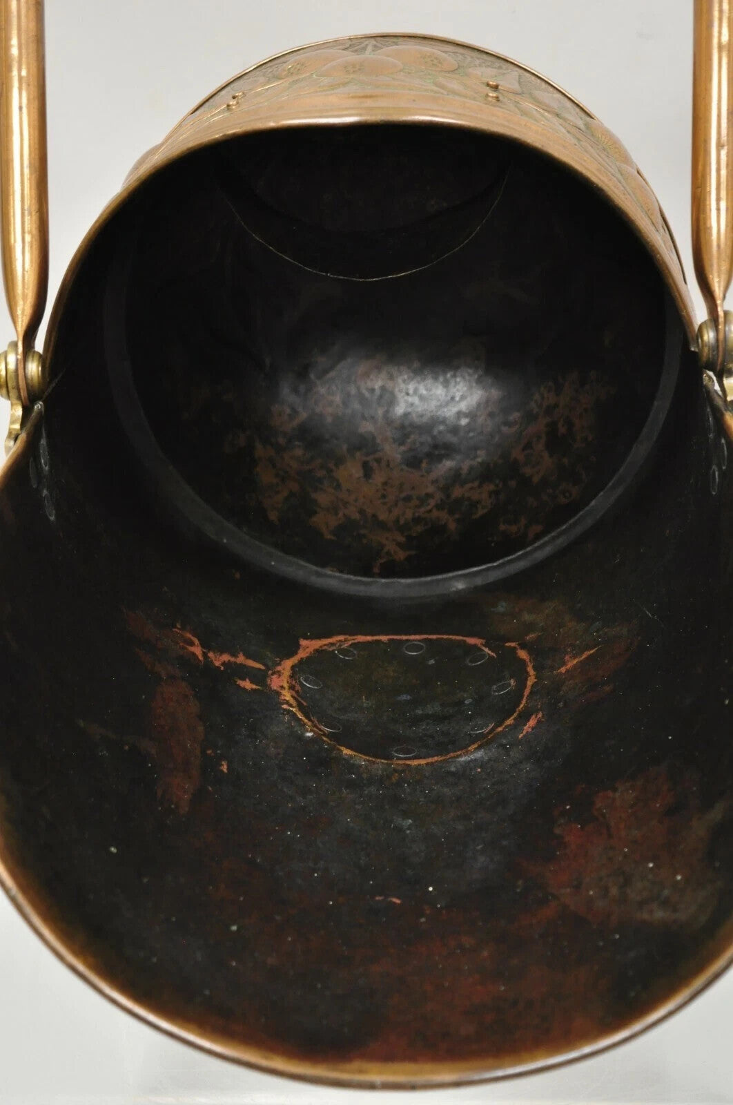 Antique English Victorian Floral Embossed Copper Helmet Coal Scuttle Bucket