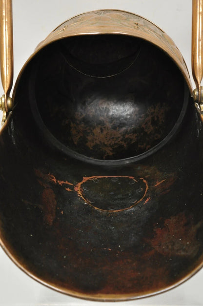 Antique English Victorian Floral Embossed Copper Helmet Coal Scuttle Bucket