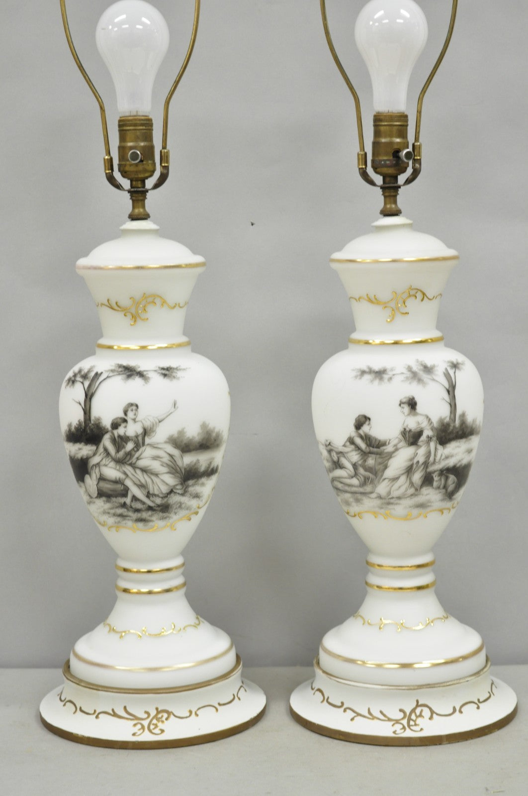 Vintage French Country Renaissance Frosted Glass Urn "Courting" Table Lamp, Pair