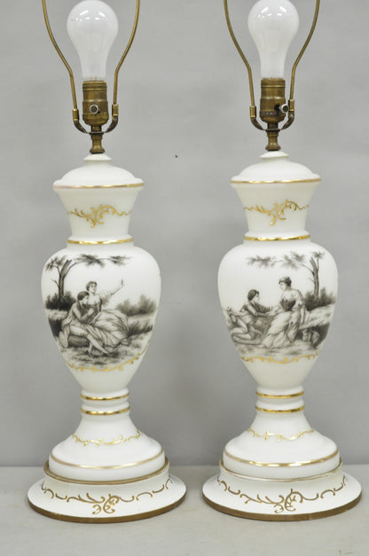 Vintage French Country Renaissance Frosted Glass Urn "Courting" Table Lamp, Pair