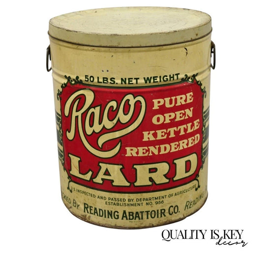 Vintage Raco 25 lbs. Advertising Lard Tin Metal Can Reading PA Twin Handles