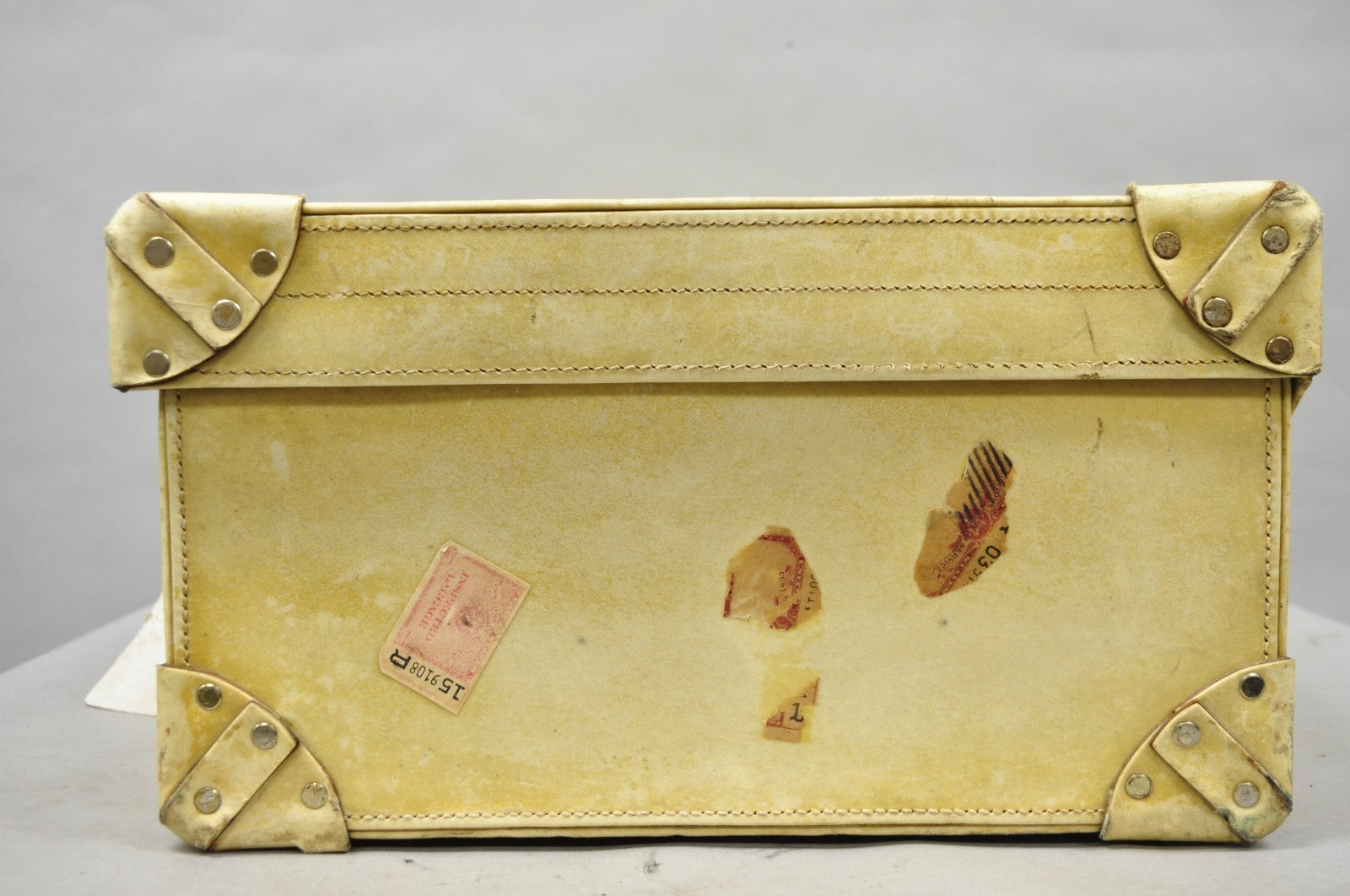 Antique 1930s French Vellum Parchment Large 30" Cream Hard Case Suitcase Luggage