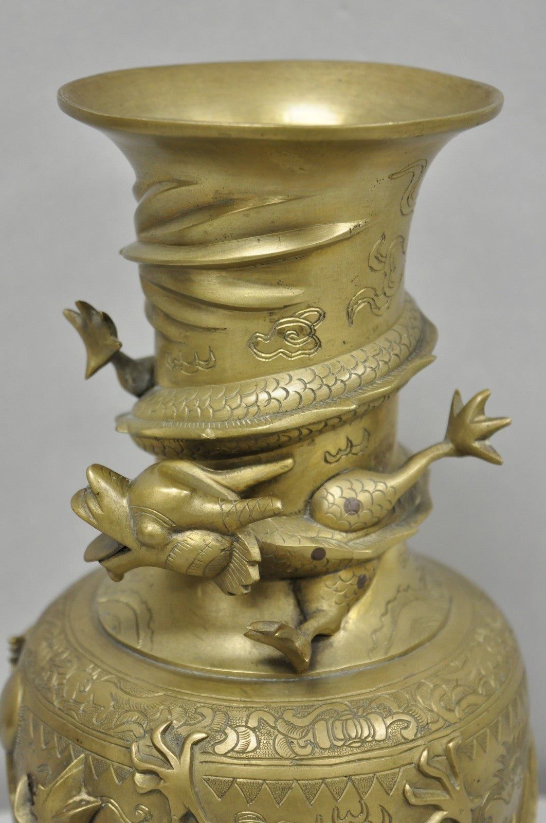 Vintage Japanese Dragon Relief Bronze Chinese 10" Oriental Flower Vase - a Pair