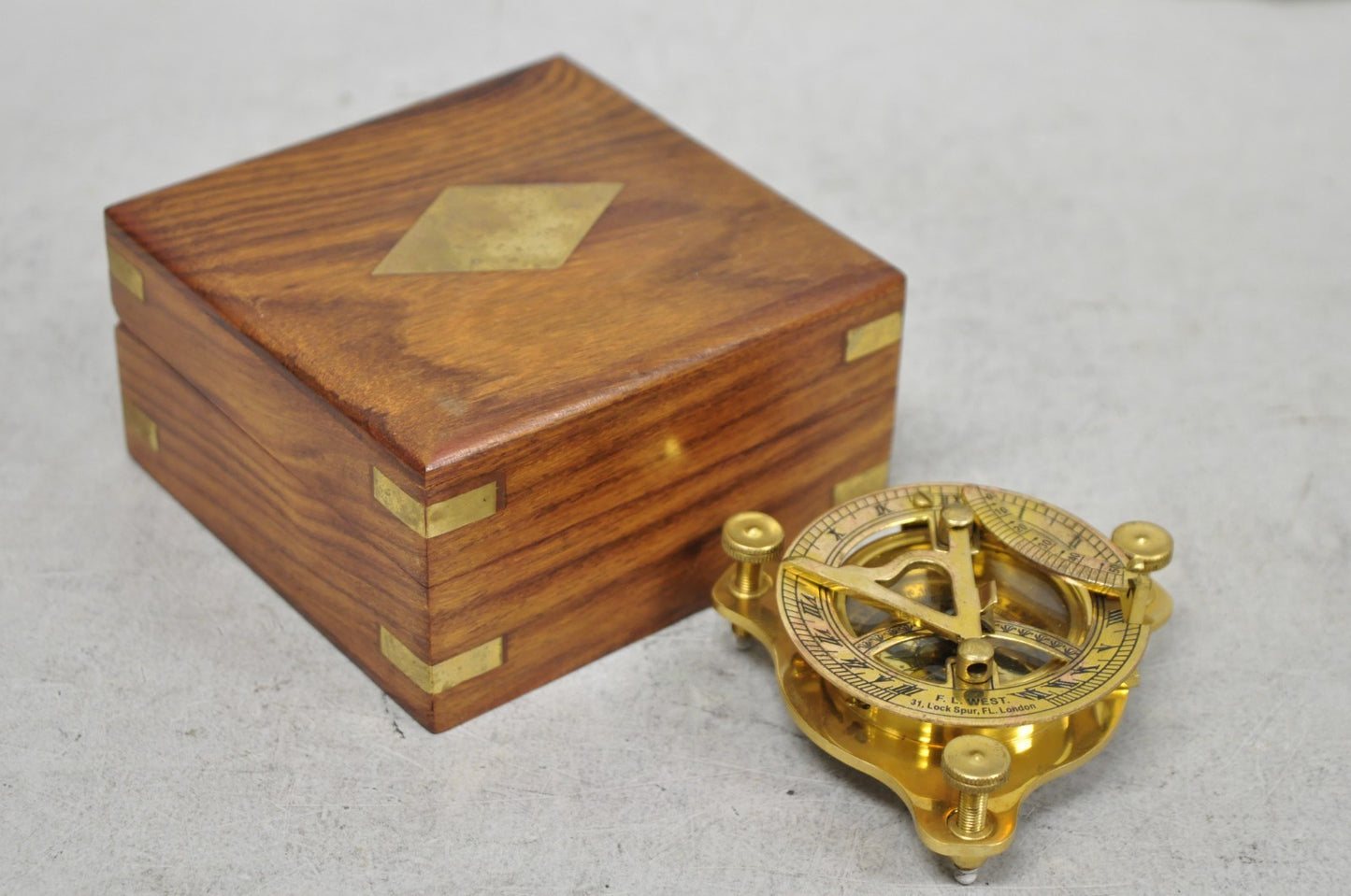 Vintage English Campaign Brass Round Sundial Compass with Small Rosewood Box