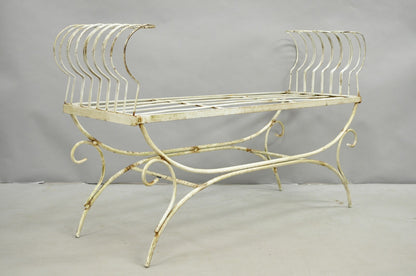 Vintage Hollywood Regency White Wrought Iron Curule X Frame Window Bench