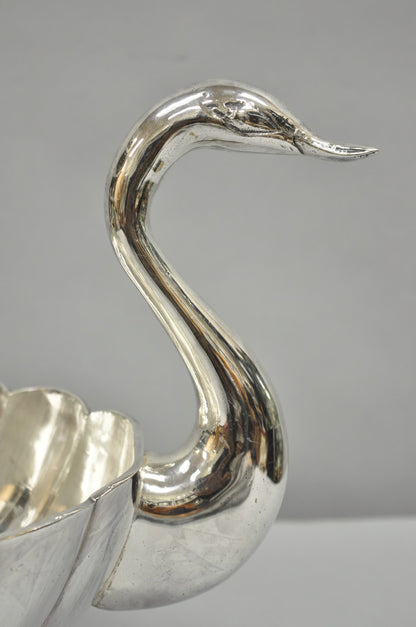 Vintage Italian Regency Silver Plated Figural Double Swan Bird Oval Fruit Bowl