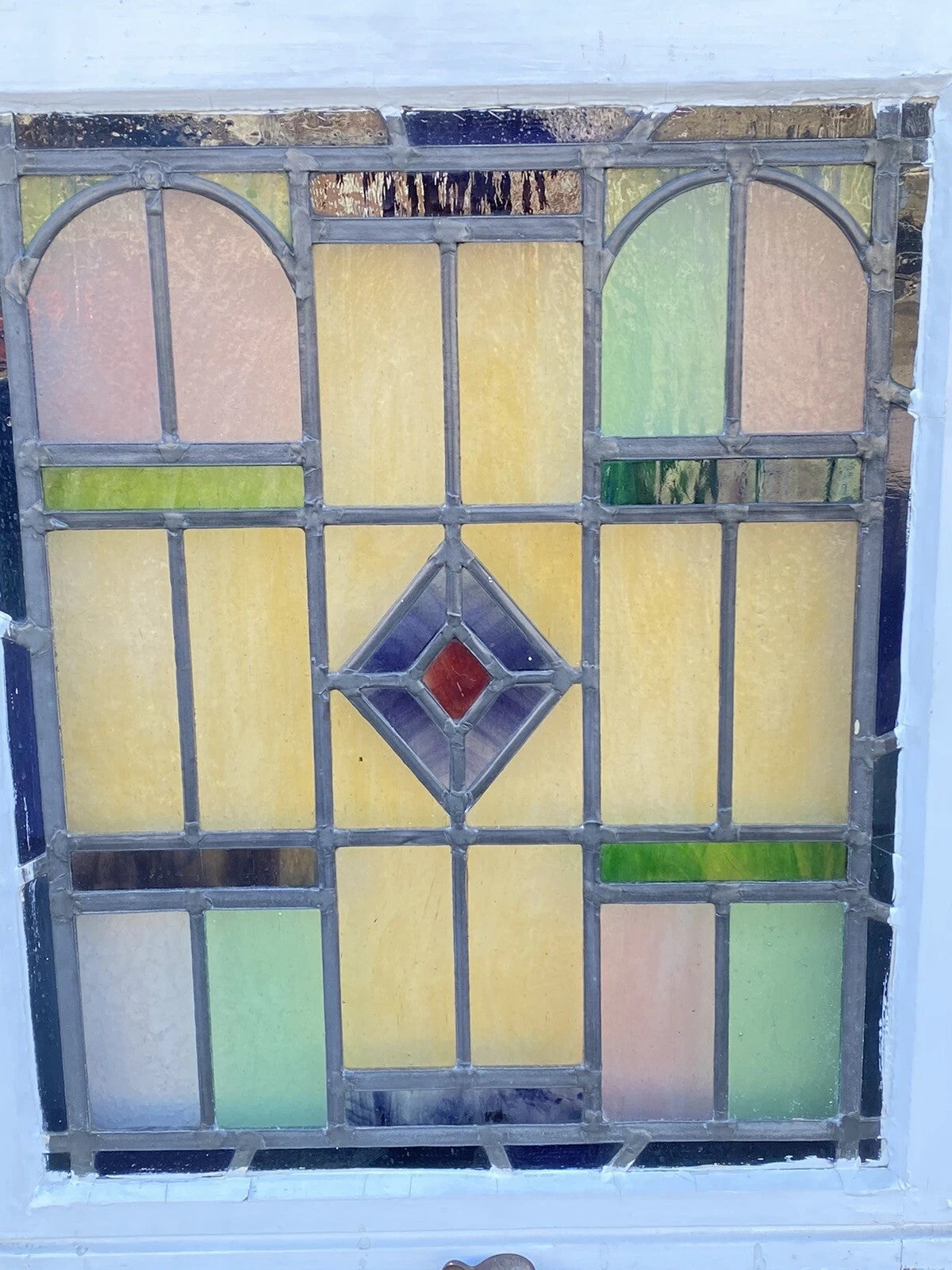 Antique Art Deco Leaded Stained Glass Pink Green Blue Yellow Windows - a Pair