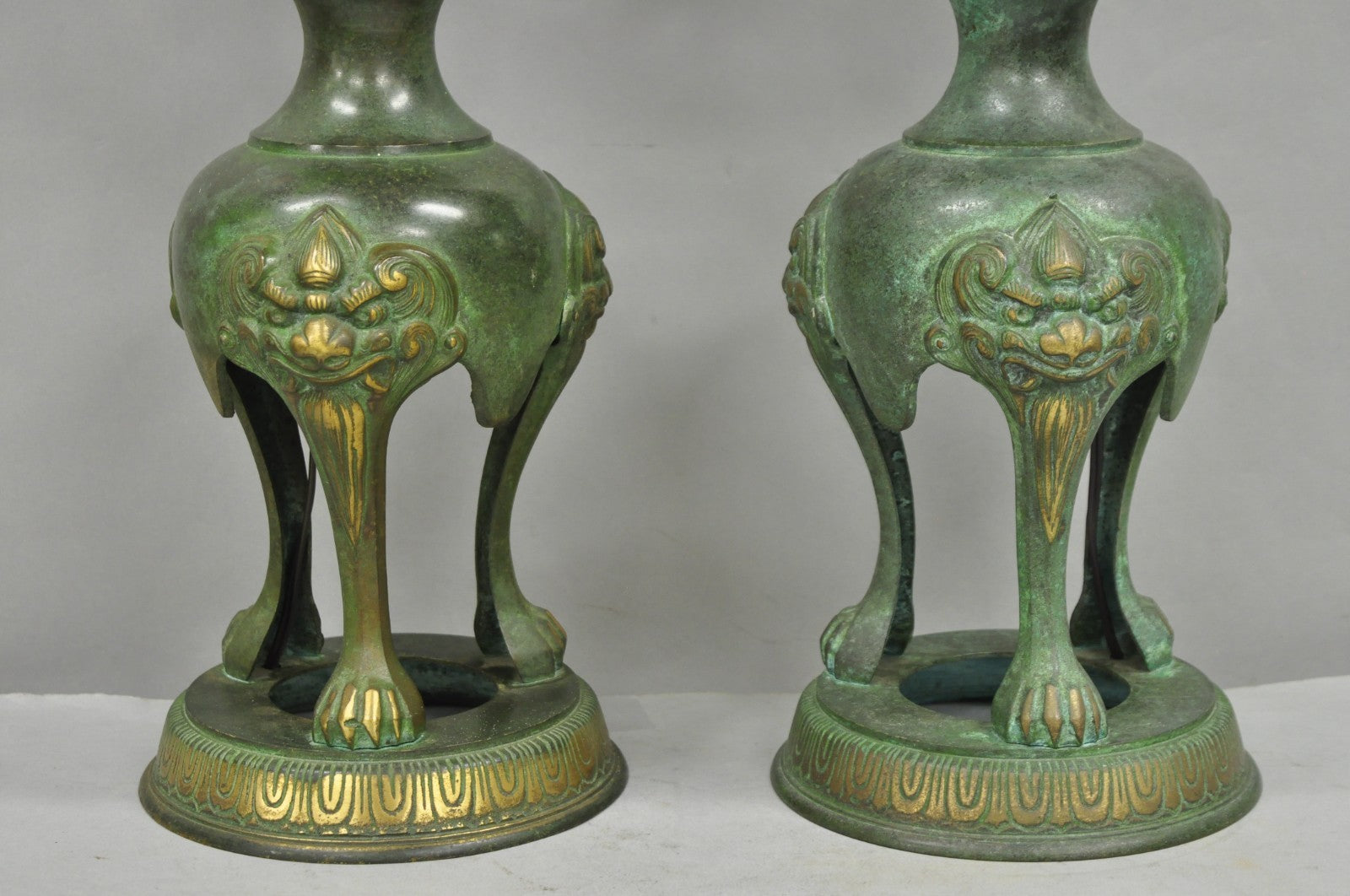Chinoiserie James Mont Style Green Bronze Chinese Foo Dog Table Lamps - a Pair