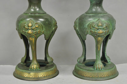 Chinoiserie James Mont Style Green Bronze Chinese Foo Dog Table Lamps - a Pair