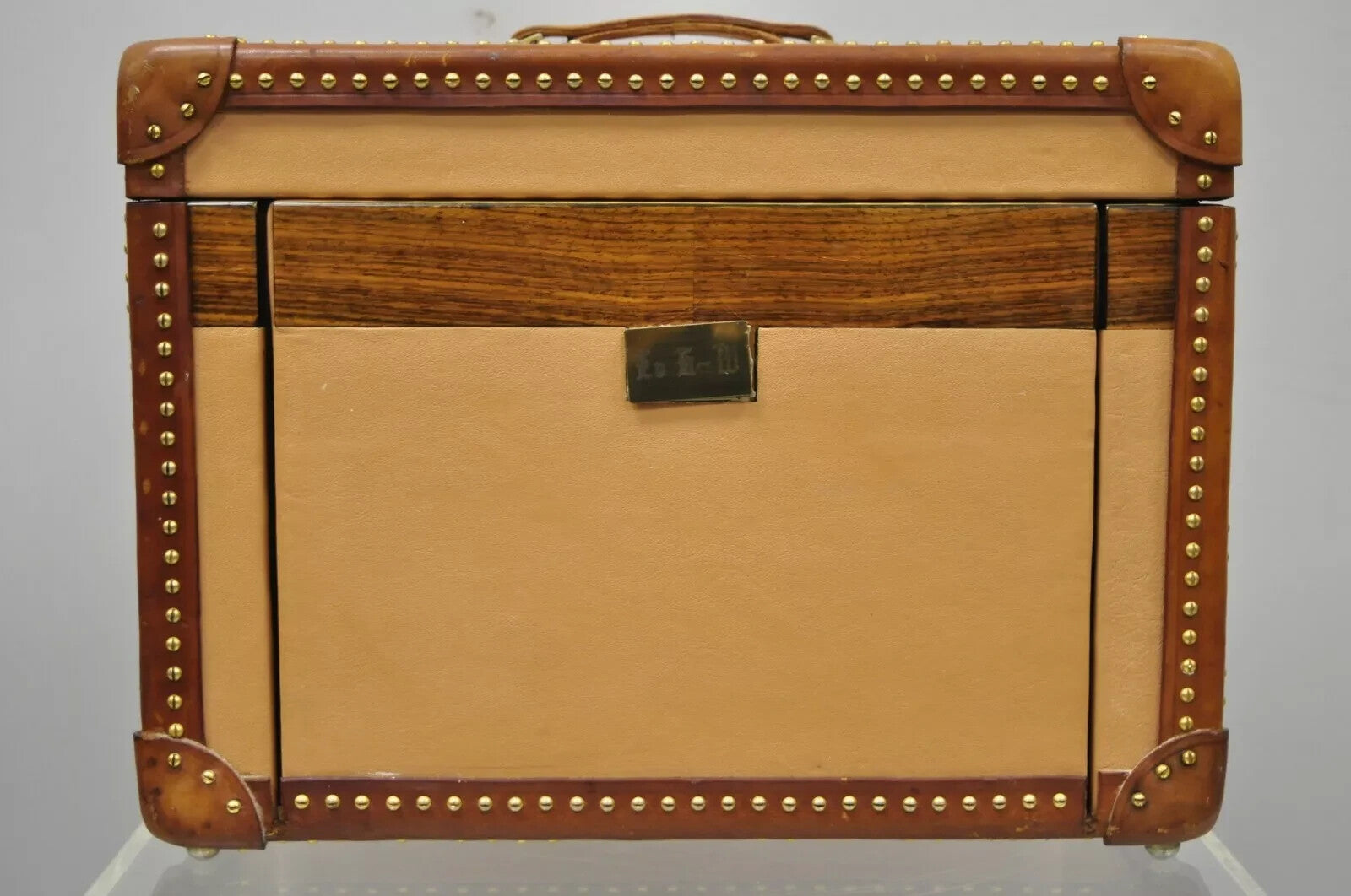 Vintage Custom Italian Leather Toiletry Box Case Travel Trunk w/ Brass Nail Trim