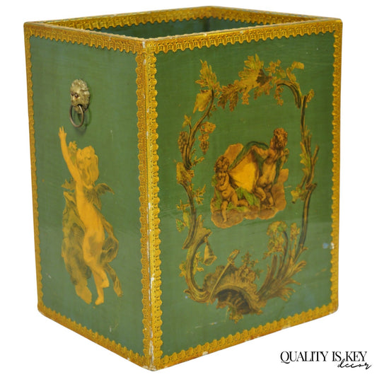 Vintage Italian Venetian Decoupage Green Gold Papier Mache Wastebasket Trash Can
