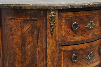 Antique French Louis XV Style Demilune Marble Top 4 Drawer Nightstand Table Pair