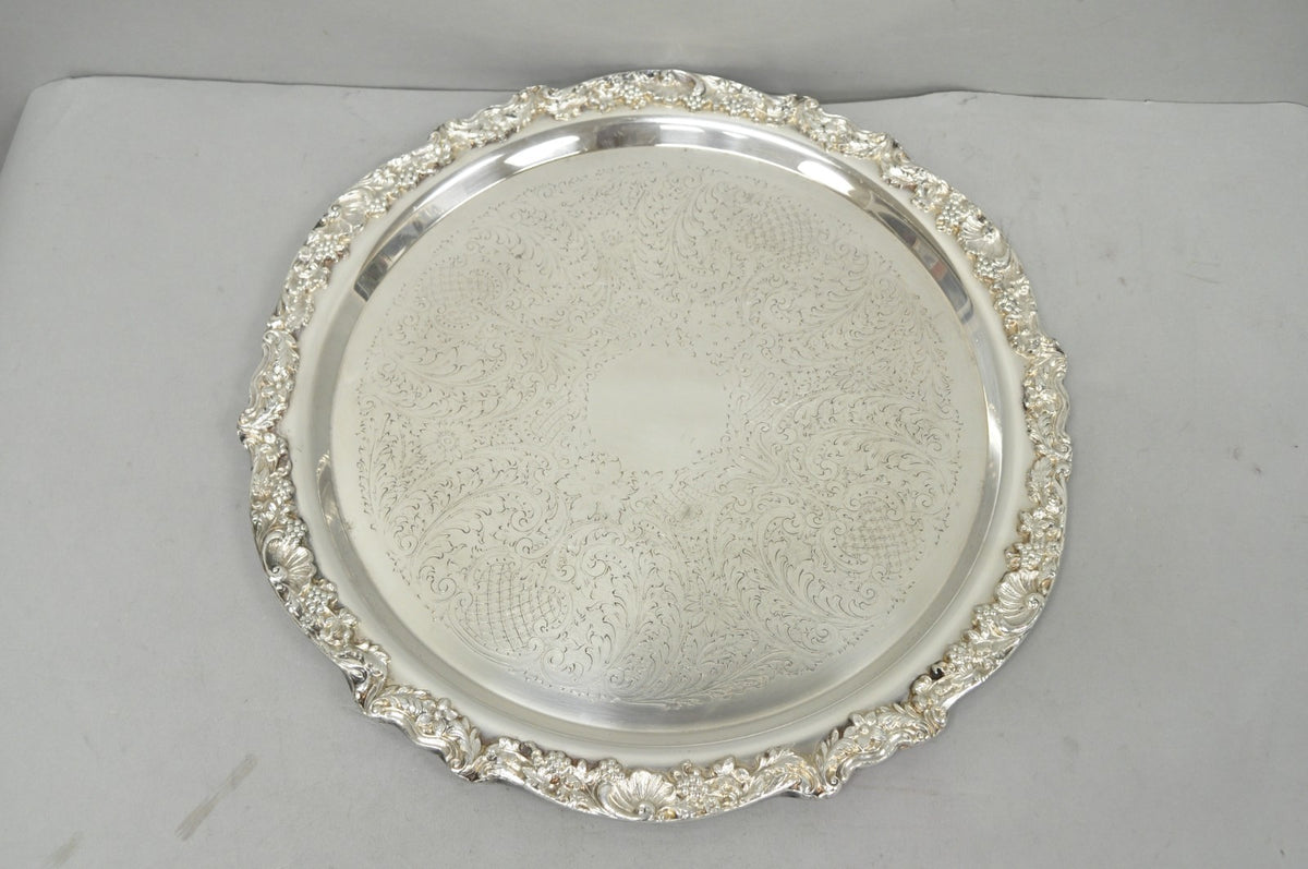 Vintage FB Rogers 5614 Victorian Silver Plated Punchbowl w/ Round Tray, 2 Pc Set