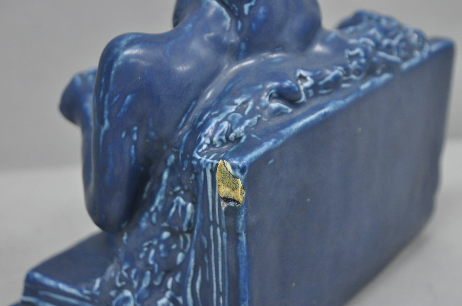 Antique Rookwood Blue Glazed Ceramic Nude Female Figure Reading Book Bookend